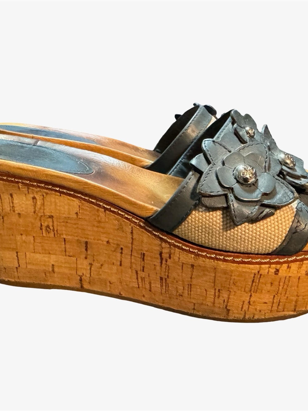 Coach Wedge Sandals with Floral Accent in Blue and Natural